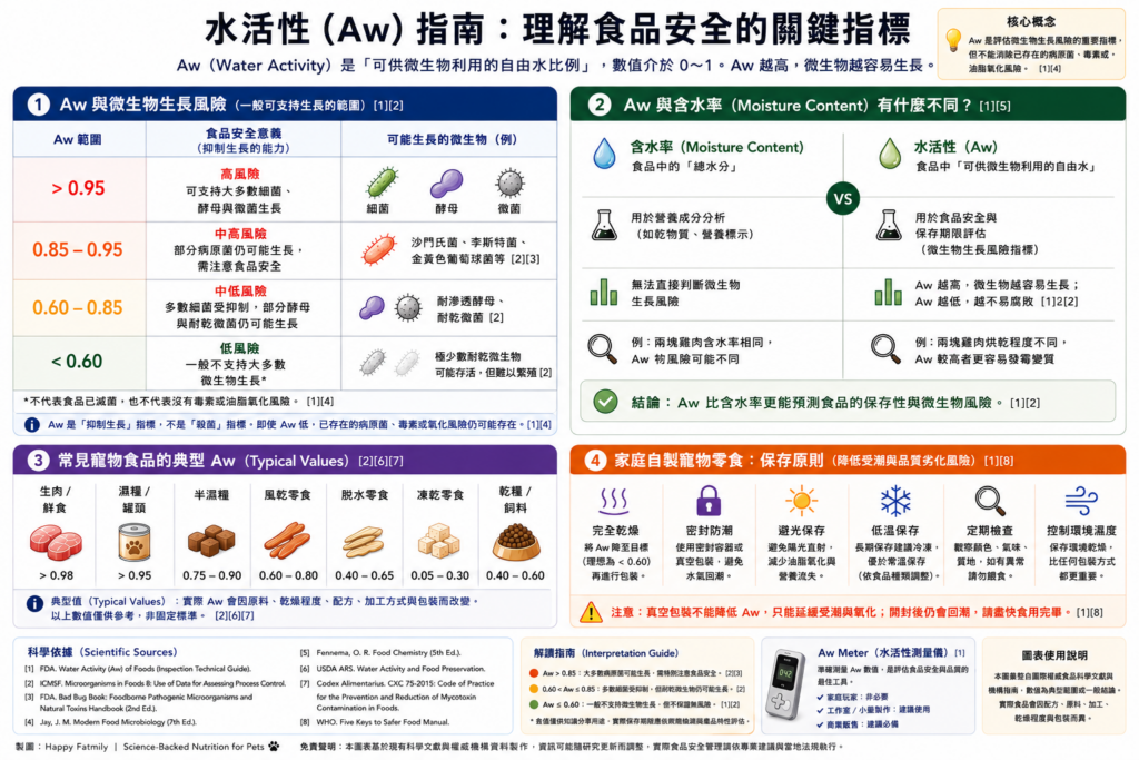 水活性Aw與微生物生長風險對照、含水率vs水活性差異、常見寵物食品典型Aw值、家庭自製寵物零食保存原則